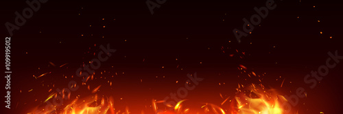 Fire spark effect background. Red grill and burn sparkle from hell vector. Abstract hot bonfire glow with flying ember element. Realistic fiery particle for night fireplace illustration. Bright flare