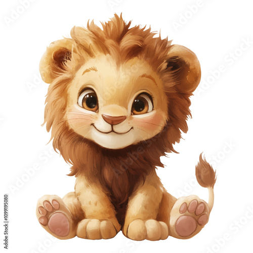 Adorable cartoon baby lion illustration with a fluffy mane, cheerful expression, and playful sitting pose, perfect for children’s designs, nursery decor, and animal-themed projects, Baby Shower photo