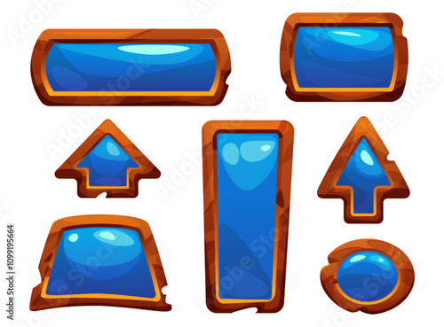 Game wood button, ui frame and arrow cartoon sign. Blue interface design gui set with icon and brown texture. 3d farm app square and circle signboard asset. Long rectangle shape plaque illustration