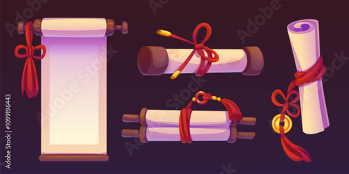 Chinese paper scroll frame in red and gold for game. Royal asian new year banner template element. Traditional vintage korean parchment with golden coin and festive tassel on rope isolated element.