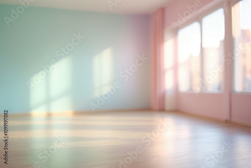 a pastel color empty room with wooden parquet flooring, large windows letting in natural light, plain walls, and a spacious design photo