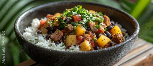 Delicious cuban congri with black beans white rice and roast pork a flavorful culinary experience in a tropical setting photo