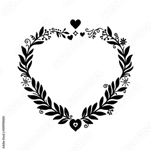 Decorative heart-shaped floral wreath with black leaves and hearts for artistic design and crafting photo