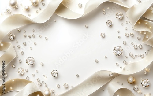 Elegant decor with pearls and diamonds on satin fabric for weddings or special occasions featuring soft ribbon and sparkling gems in a luxurious arrangement