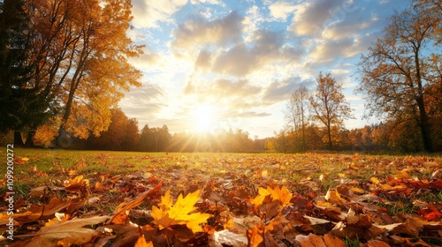 Wallpaper Mural Vivid Autumn Skyscape: A Stunning Tapestry of Seasonal Change with Scattered Dancing Leaves | Ultra-Detailed Landscape Photography Torontodigital.ca