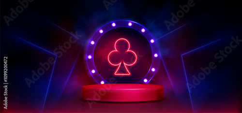 3d casino podium with neon light. Club poker card glow on gambling design. Futuristic led template in blue and red for web playing platform. Night electric symbol with bulb and laser illustration