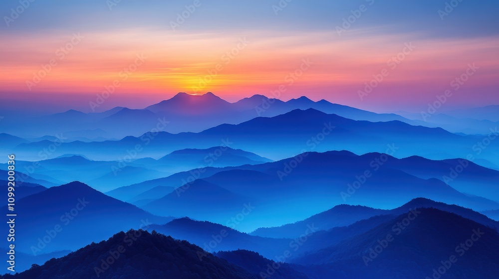 Fototapeta premium A serene mountain landscape at dawn, showcasing layers of blue hills under a colorful sky.