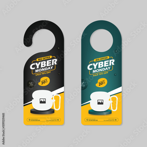 Cyber Monday super sale door hanger template and an advertising door hanger for new earbuds sale with Two Color Variation Design