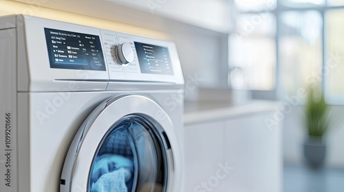 Wallpaper Mural Digital laundry schedule showcased on smart screen within laundry area, sleek design, modern theme, illuminated with vibrant and pristine lighting. Torontodigital.ca