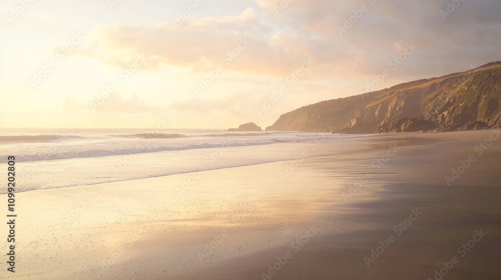 Fototapeta premium Serene Coastal Dawn - Golden Light Skyscape with Gentle Waves | Ultra-Detailed Tranquil Seaside Scenery