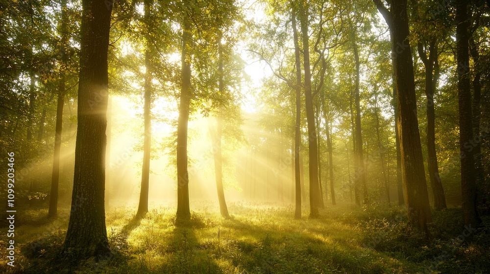 Fototapeta premium Serene Dawn: Tranquil Skyscape with Golden Light in Misty Forest - Perfect for Peaceful Imagery