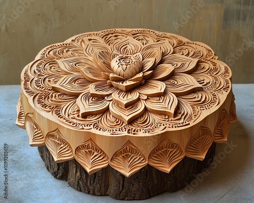 Hand-carved wooden mandala, intricate woodworking details, natural grain patterns, artistic process photo