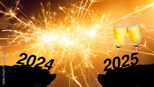 Silvester 2025 mit Sekt und Feuerwerk