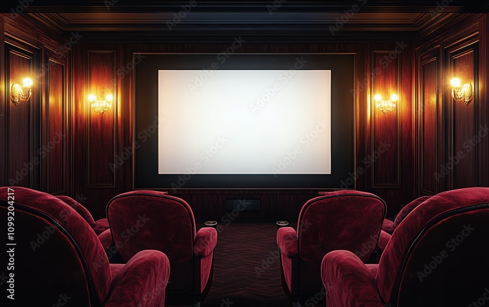 Fototapeta premium A minimalist photorealistic photograph of a cinema hall with velvet armchairs and a white screen on the wall, set in dark red tones and a brown wooden panel background