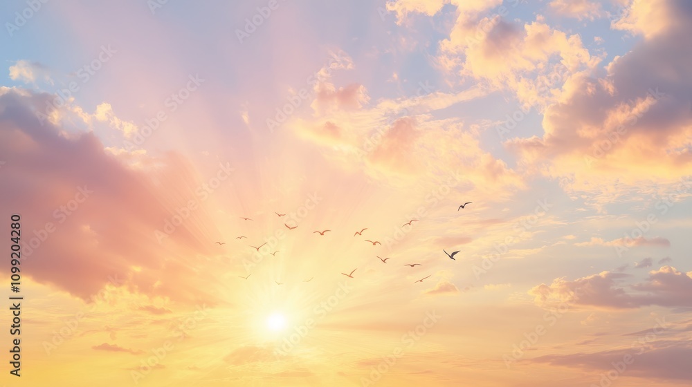 Fototapeta premium Majestic Sunset Skyscape with Silhouette of Birds in Flight Symbolizing Freedom and Movement