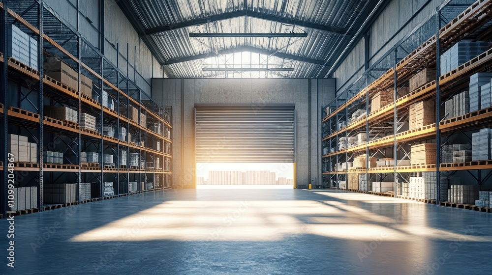 Fototapeta premium A spacious warehouse interior with shelves and a loading door, illuminated by sunlight.