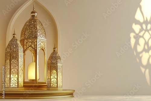 3d render of isolated Islamic background with islamic lanterns, and golden pedestal. Mockup for greeting cards for ramadan kareem, mawlid, iftar, isra miraj, eid al fitr adha and. 3D Illustration  photo