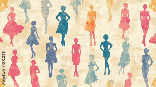 Colorful Women Silhouettes: Vintage Fashion Illustration Pattern