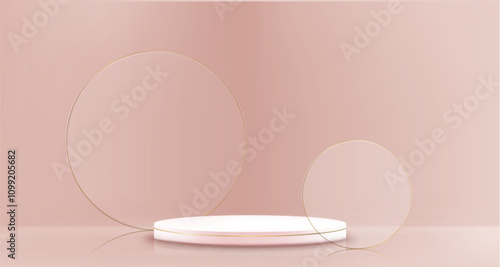 3d pink product display podium with glass stand. Circle cosmetic platform for promotion or presentation. Abstract skincare or makeup branding mockup with cylinder showcase pedestal and plexiglass