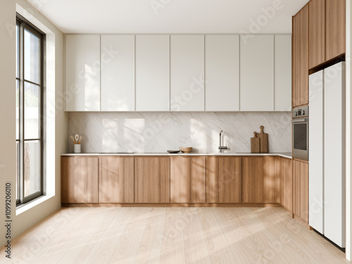 Modern Kitchen Design with Natural Wood Elements. 3d render.