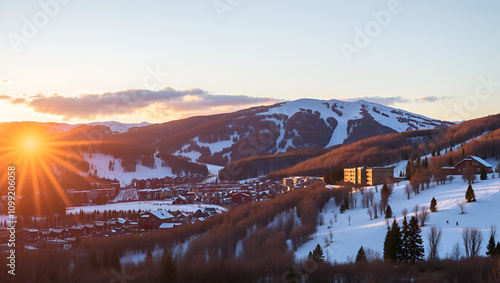 Snowmass Village with sunset and ski slopes photo