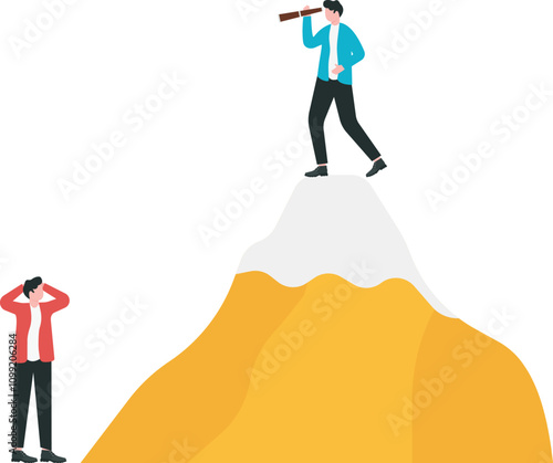 Doing business without underestimating competitor, strategy to sustain growth among competitive market concept, Entrepreneur businessman using telescope to look at competitor on mountain below.

