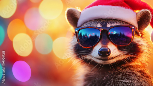 Cheerful raccoon wearing festive Santa hat and sunglasses against colorful bokeh lights backdrop photo