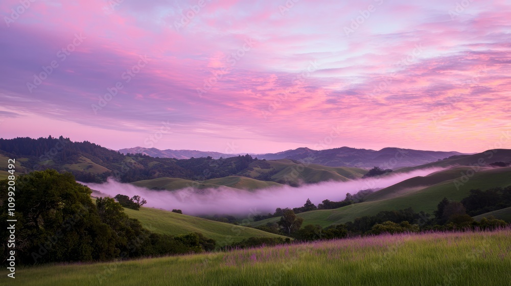 Obraz premium Serene Dawn: Enchanting Skyscape Over Rolling Hills with Pink and Purple Hues in Mystical Fog - Ultra-Detailed Landscape Photography