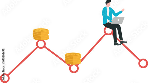 Freelance or being your own boss, flexible working hour, unpredictable income, work from anywhere concept. Relaxed man working with a laptop computer on an income stack was different from the previous