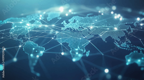 Dynamic digital world map emphasize Western Europe continental for AI powered global network connectivity big data transfer cyber technology network information exchange and telecommunication concept.