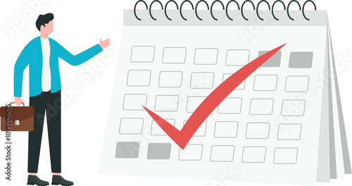 Successful completion of the probationary period, time of new employee receives training and observation carefully concept. New businessman employees are happy with correct signs on calendars.

