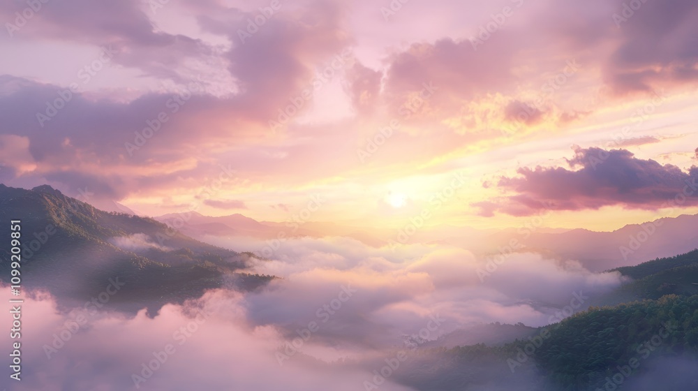 Fototapeta premium Mystical Sunrise Skyscape with Misty Clouds Rolling over Hills - Perfect for Fantasy and Adventure Themes