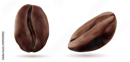 Realistic 3d coffee beans showing front and angled views. Floating brown fresh roasted grain with detailed texture and center groove with subtle shadows for package design or beverage marketing.