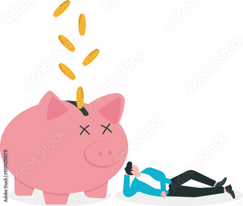 Passive income, making money while doing nothing, relaxing, or sleeping, additional effortless career to increase wealth concept. Businessman sleeping near a piggy bank with dollar coins flowing.

