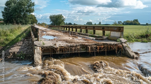 Severe Structural Damage to Bridge After Impact from Floodwaters in Rural Landscape photo