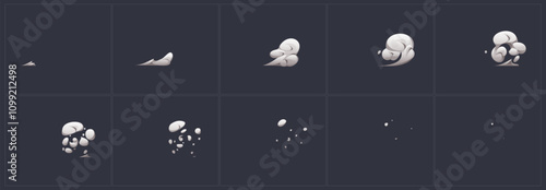 Animated sequence showing speed dust cloud movement and dissipation. Dynamic frames capture formation starting from tiny particle growing into swirling mass before dispersing into scattered particles.