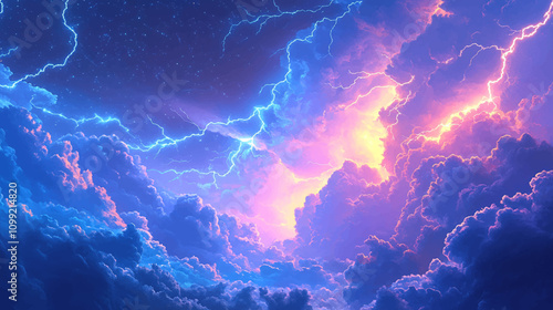 Thunder and lightning on a background with a blue sky. Light thunderstorm with strikes in the dark. Neon colorful Clouds with a powerful electric charge anime illustration.