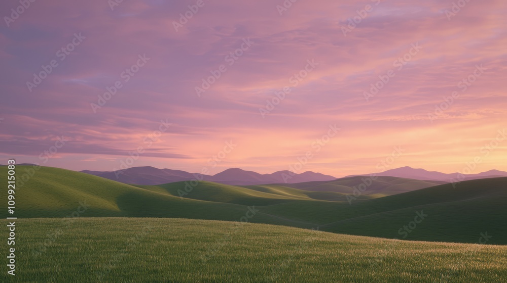 Fototapeta premium Majestic Sunrise Over Rolling Hills - Awe-Inspiring Skyscape with Warm Colors and Dew-Kissed Landscape Ideal for Uplifting Imagery