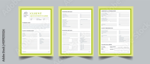 Client Questionnaire layout design with 3 page concept design for business informational subject project	