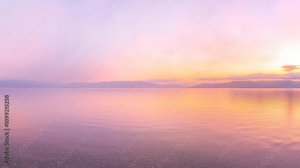 Fototapeta premium Tranquil Sunrise Skyscape Over Lake with Soft Pinks and Yellows - Peaceful and Serene Ultra-Detailed Landscape