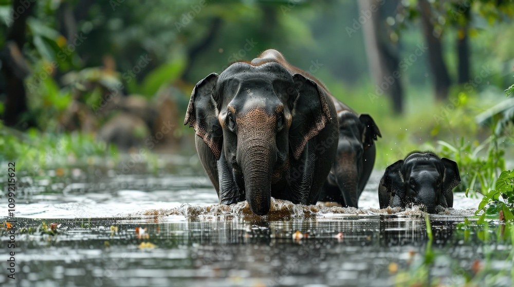 Fototapeta premium A Graceful Elephant Family Navigating Through Flooded Wilderness Amidst Lush Greenery and Calm