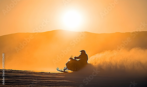 Silhouetted snowmobiler speeding across snowy landscape at sunset, vibrant golden light. photo