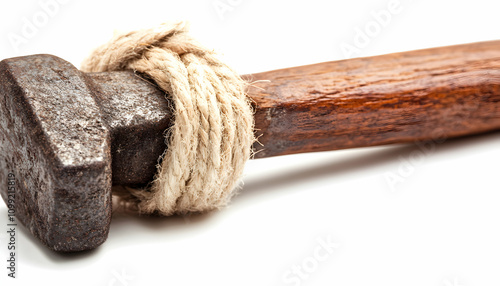 Close-up of a rustic, old hammer with a wooden handle tightly bound by a natural rope.  The image evokes themes of craftsmanship, history, and strength. photo