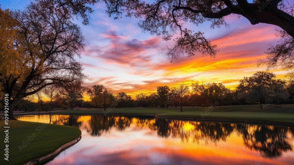 Obraz premium Fiery Sunset Skyscape Reflection in Calm Lake with Silhouetted Trees, Serene Beauty in Nature Ultra-Detailed Photo