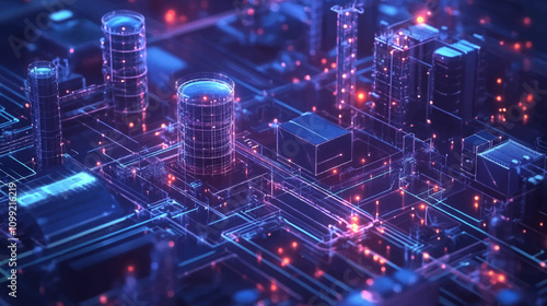 The Internet of Things IoT in manufacturing. Integration of connected devices to optimize production, maintenance, inventory and factory operations in new era of Industry 4.0 isometric digital network