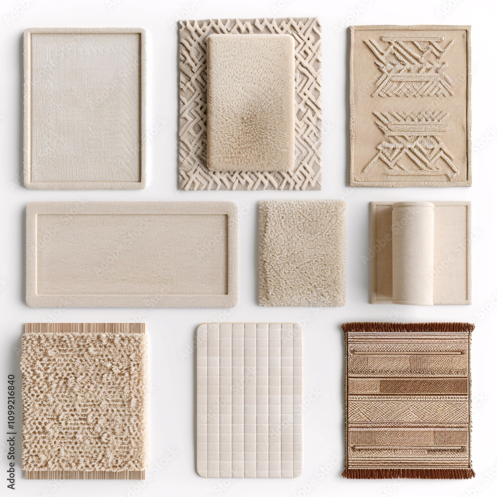 Fototapeta premium 2409_013.An assortment of whole, area rugs,isolate, perfect top-down view, showcasing diverse varieties, arranged with space around each area rugs, no sides visible, plan presentation,3d rendering