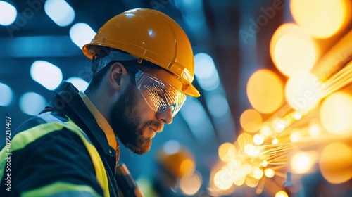 A focused male worker in a helmet and goggles inspects machinery, surrounded by warm industrial lights. photo