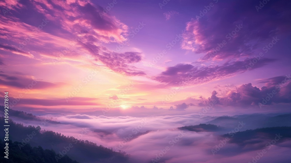 Obraz premium Ethereal Dawn: Surreal Skyscape of Vibrant Colors Breaking Over Foggy Valley at Sunrise