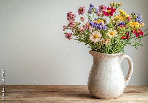 Wallpaper Mural Beautiful Arrangement of Colorful Wildflowers in a Simple Ceramic Jug on a Wooden Surface with Soft Natural Lighting Torontodigital.ca