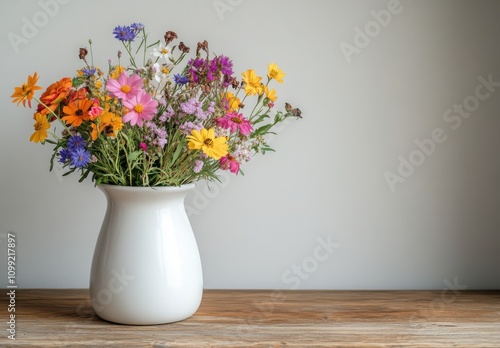 Wallpaper Mural Beautiful Arrangement of Colorful Wildflowers in a White Vase on a Wooden Table Against a Neutral Background for Home Decor Inspiration Torontodigital.ca